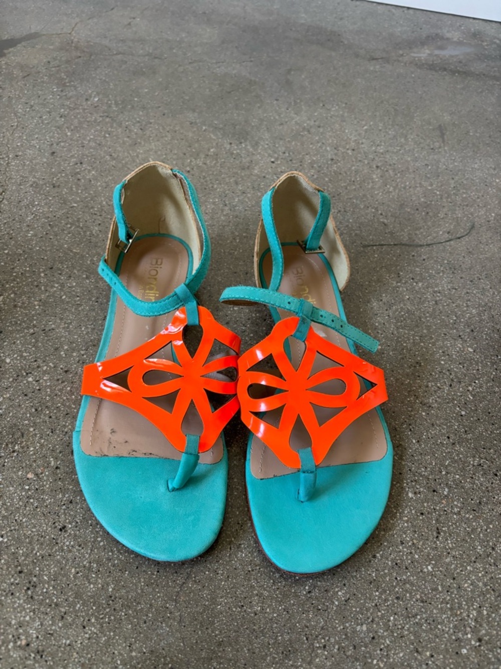 Women’s Turquoise and Orange Cutout T-Strap Sandals
